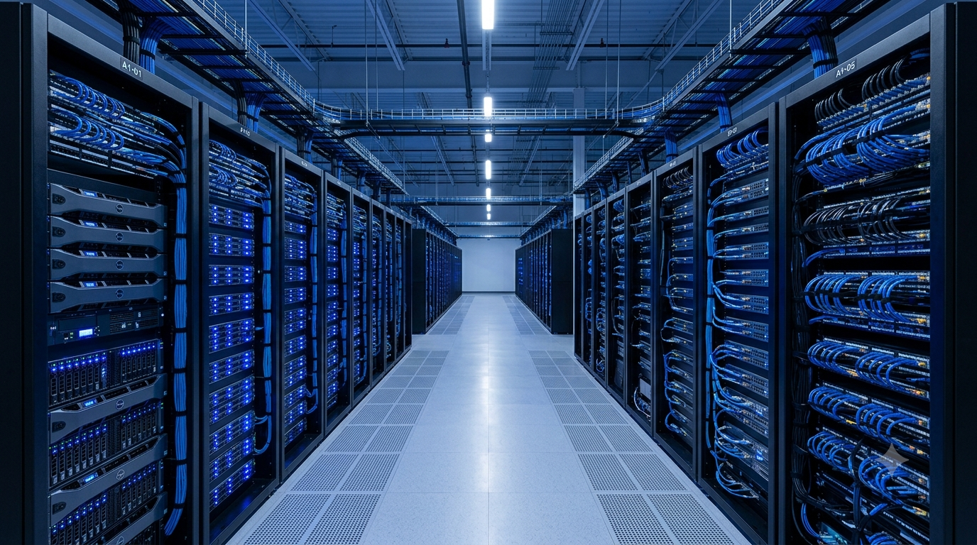 Data center corridor with blue-lit server racks