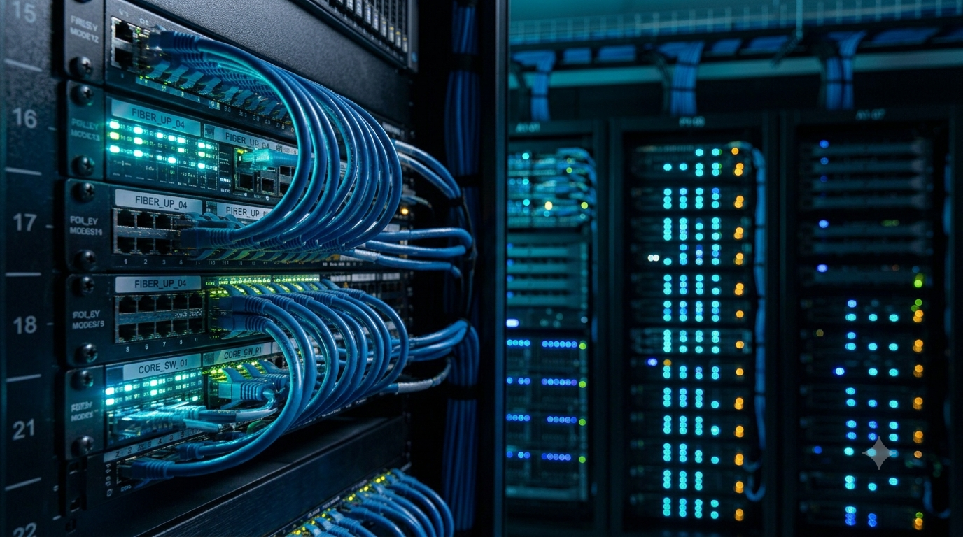 Close-up of a network switch with blue fiber cables and blinking indicator lights