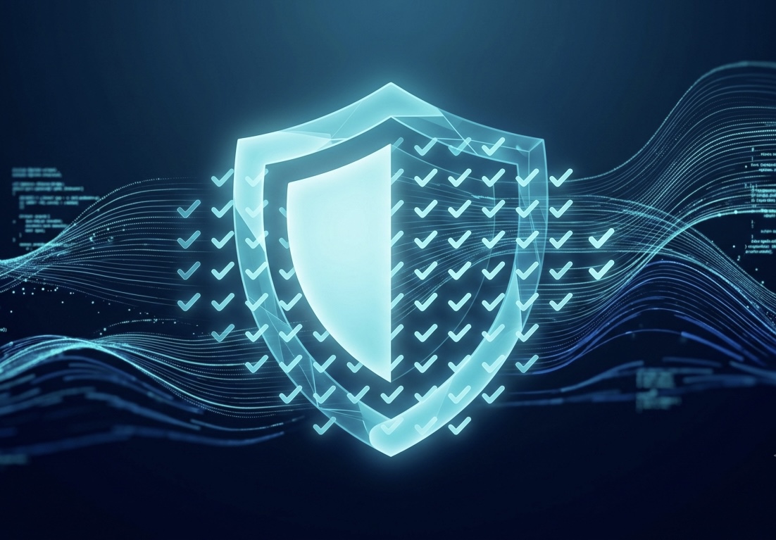 Luminous shield with checkmarks representing compliance intelligence
