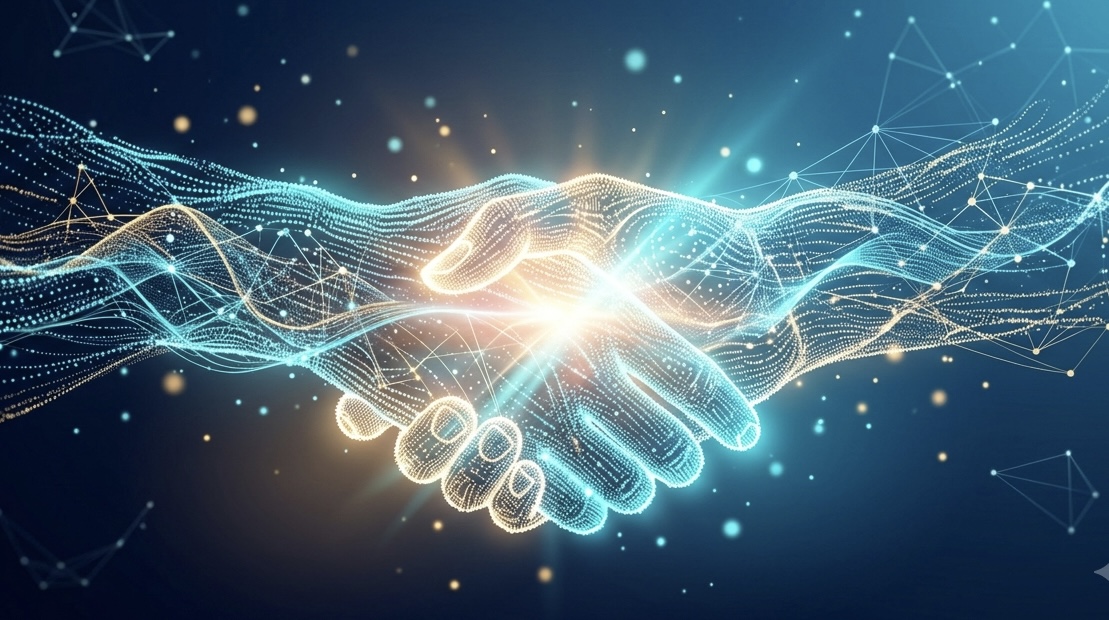 Digital handshake symbolizing collaborative modern workplace