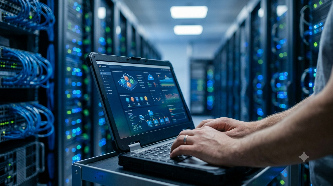 Engineer working on a laptop showing a cloud dashboard in a server aisle