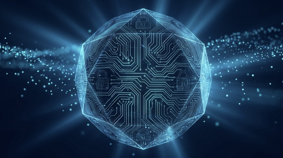 Glowing circuit sphere with padlock icons representing AI-powered cybersecurity